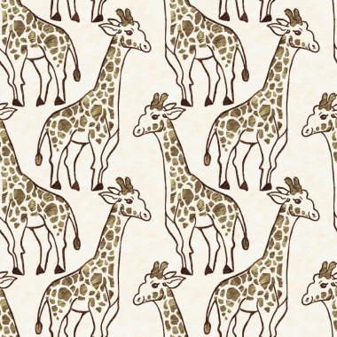 Bebek odası dekorasyonu için şirin bir safari vahşi zürafa deseni. Kusursuz Afrikalı kürklü kahverengi cinsiyet dokusuna sahip nötr iz tasarımı