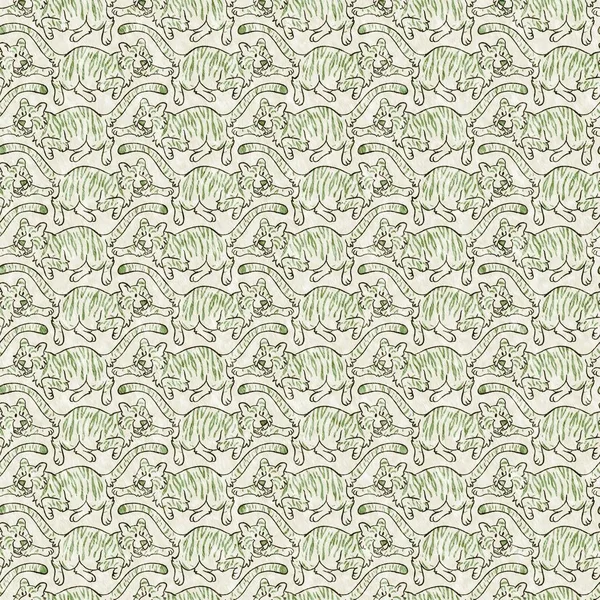 Bebek odası dekorasyonu için şirin bir safari vahşi kaplan deseni. Kusursuz büyük kedi kürklü yeşil desenli cinsiyet nötr iz tasarımı