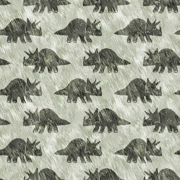 Green hand drawn triceratops dinosaur seamless pattern. Gender Neutral Jurassic fossil silhouette for baby nursery. Gender neutral home decor for museum, extinction and textile design