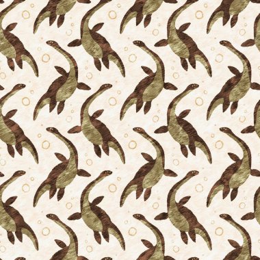 Kahverengi el plesiosaur dinazorunu kusursuz şekilde çizmiş. Bebek yuvası için cinsiyet Nötr Jurasik fosil silueti. Müze, nesli tükenme ve tekstil tasarımı için cinsiyet ayrımı yapılmamış ev dekorasyonu