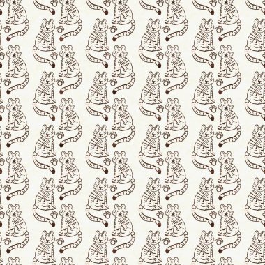 Bebek odası dekorasyonu için şirin bir safari vahşi kaplan deseni. Kusursuz büyük kedi kürklü kahverengi cinsiyet şekilli nötr iz tasarımı