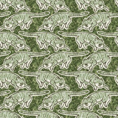 Bebek odası dekorasyonu için şirin bir safari vahşi kaplan deseni. Kusursuz büyük kedi kürklü yeşil desenli cinsiyet nötr iz tasarımı