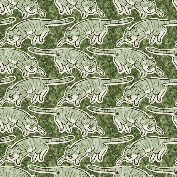 Bebek odası dekorasyonu için şirin bir safari vahşi kaplan deseni. Kusursuz büyük kedi kürklü yeşil desenli cinsiyet nötr iz tasarımı