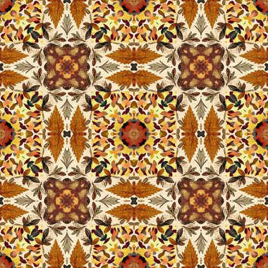 Autumn leaves woodland seamless pattern. Brown retro kaleidoscopic textile print. Backdrop of vintage ornate forest wallpaper. Garden botanical print