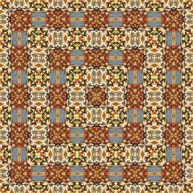 Autumn leaves woodland seamless pattern. Brown retro kaleidoscopic textile print. Backdrop of vintage ornate forest wallpaper. Garden botanical print