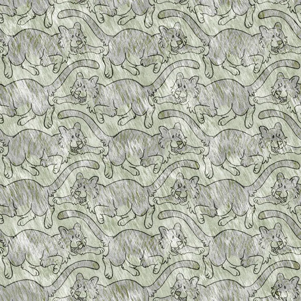 Cute safari wild tiger animal pattern for babies room decor. Seamless big cat furry green textured gender neutral print design