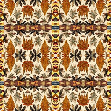 Autumn leaves woodland seamless pattern. Brown retro kaleidoscopic textile print. Backdrop of vintage ornate forest wallpaper. Garden botanical print