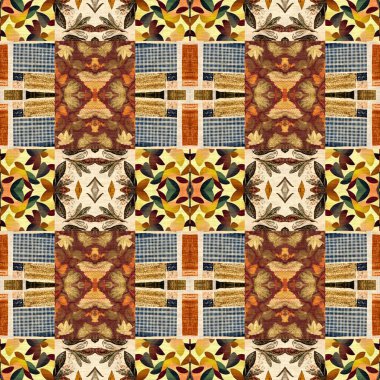 Autumn leaves woodland seamless pattern. Brown retro kaleidoscopic textile print. Backdrop of vintage ornate forest wallpaper. Garden botanical print