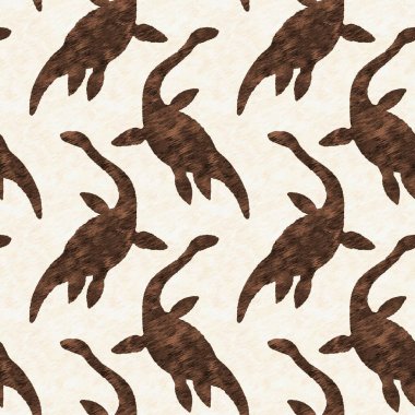 Kahverengi el plesiosaur dinazorunu kusursuz şekilde çizmiş. Bebek yuvası için cinsiyet Nötr Jurasik fosil silueti. Müze, nesli tükenme ve tekstil tasarımı için cinsiyet ayrımı yapılmamış ev dekorasyonu