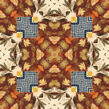 Autumn leaves woodland seamless pattern. Brown retro kaleidoscopic textile print. Backdrop of vintage ornate forest wallpaper. Garden botanical print