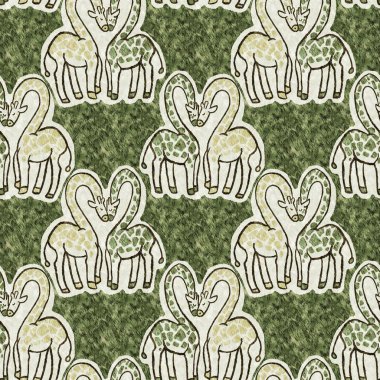 Bebek odası dekorasyonu için şirin bir safari vahşi zürafa deseni. Kusursuz Afrikalı kürklü yeşil, cinsiyet dokusuna sahip nötr baskı tasarımı.