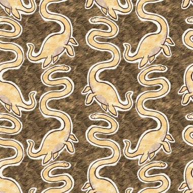 Kahverengi el plesiosaur dinazorunu kusursuz şekilde çizmiş. Bebek yuvası için cinsiyet Nötr Jurasik fosil silueti. Müze, nesli tükenme ve tekstil tasarımı için cinsiyet ayrımı yapılmamış ev dekorasyonu