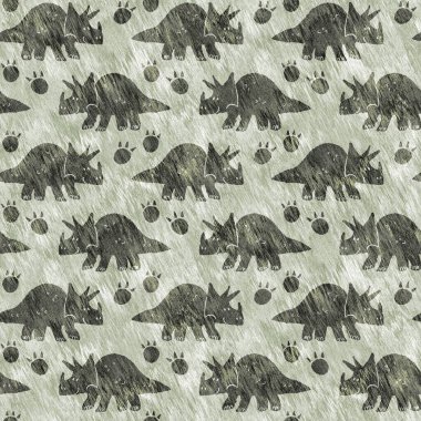 Yeşil el triceratops dinozor deseni çizdi. Bebek yuvası için cinsiyet Nötr Jurasik fosil silueti. Müze, nesli tükenme ve tekstil tasarımı için cinsiyet ayrımı yapılmamış ev dekorasyonu