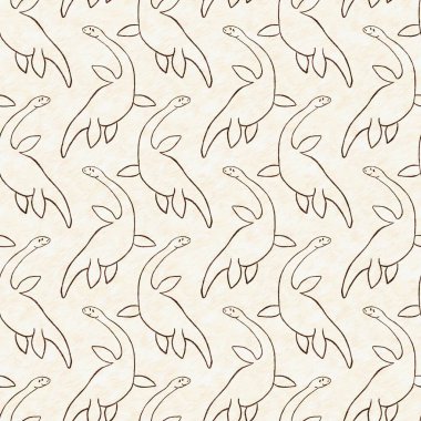 Kahverengi el plesiosaur dinazorunu kusursuz şekilde çizmiş. Bebek yuvası için cinsiyet Nötr Jurasik fosil silueti. Müze, nesli tükenme ve tekstil tasarımı için cinsiyet ayrımı yapılmamış ev dekorasyonu