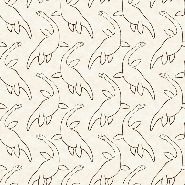 Brown Hand Drawn Plesiosaur Dinosaur Seamless Pattern Gender Neutral Jurassic — Fotografia de Stock