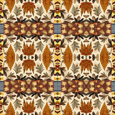 Autumn leaves woodland seamless pattern. Brown retro kaleidoscopic textile print. Backdrop of vintage ornate forest wallpaper. Garden botanical print