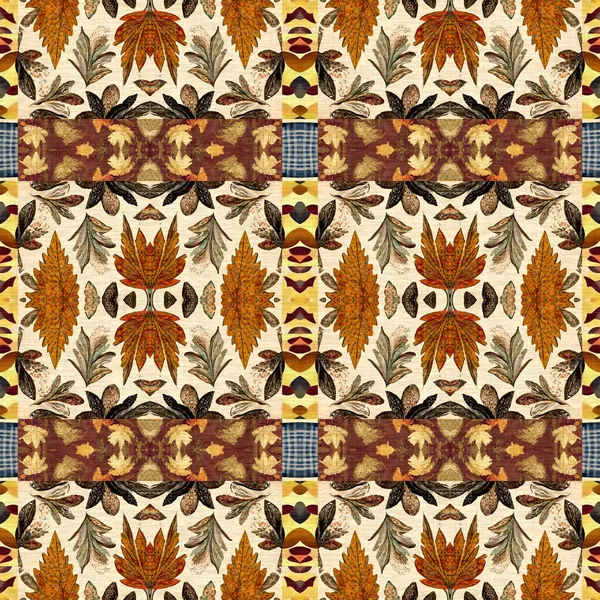 Autumn leaves woodland seamless pattern. Brown retro kaleidoscopic textile print. Backdrop of vintage ornate forest wallpaper. Garden botanical print