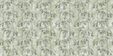 Bebek odası dekorasyonu için şirin bir safari vahşi zürafa sınırı. Kusursuz kürksüz yeşil desenli cinsiyet nötr iz tasarımı