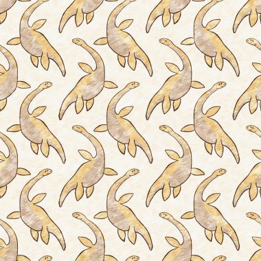 Kahverengi el plesiosaur dinazorunu kusursuz şekilde çizmiş. Bebek yuvası için cinsiyet Nötr Jurasik fosil silueti. Müze, nesli tükenme ve tekstil tasarımı için cinsiyet ayrımı yapılmamış ev dekorasyonu