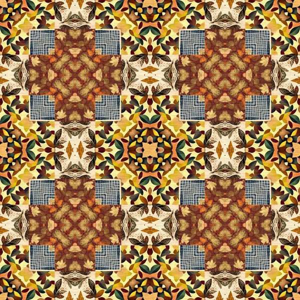 Autumn Leaves Woodland Seamless Pattern Brown Retro Kaleidoscopic Textile Print — Photo