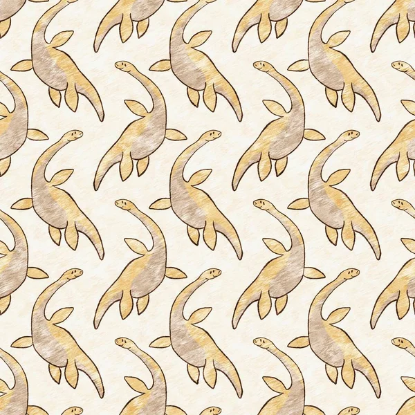 Brown Hand Drawn Plesiosaur Dinosaur Seamless Pattern Gender Neutral Jurassic — стокове фото