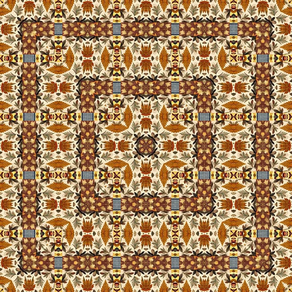 Autumn Leaves Woodland Seamless Pattern Brown Retro Kaleidoscopic Textile Print — ストック写真