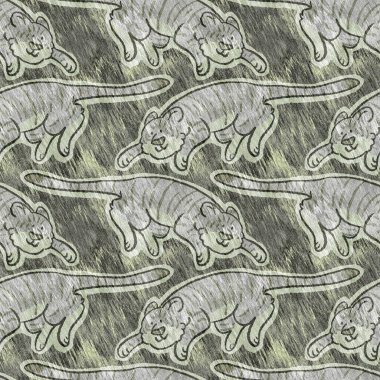 Bebek odası dekorasyonu için şirin bir safari vahşi kaplan deseni. Kusursuz büyük kedi kürklü yeşil desenli cinsiyet nötr iz tasarımı