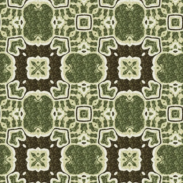 モザイク幾何学的な緑のシームレスなテクスチャパターン プリント生地のためのトレンディな万華鏡織りデザイン 荒唐無稽なテキスタイルデザイン — ストック写真