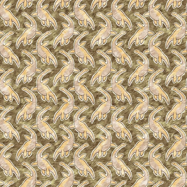 Brown Hand Drawn Plesiosaur Dinosaur Seamless Pattern Gender Neutral Jurassic — Stock Photo, Image