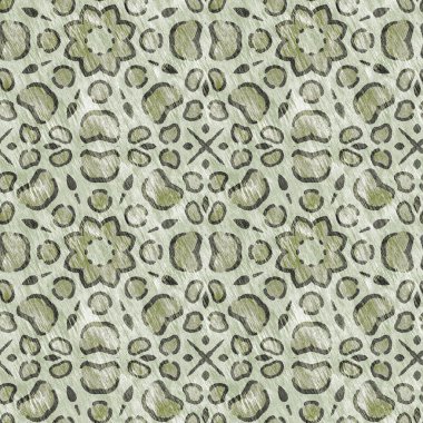 Mosaic geometric green leopard print texture pattern. Trendy kaleidoscope woven design for printed fabric. Rough abstract textile design