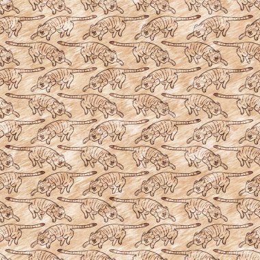 Bebek odası dekorasyonu için şirin bir safari vahşi kaplan deseni. Kusursuz büyük kedi kürklü kahverengi cinsiyet şekilli nötr iz tasarımı