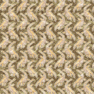 Brown hand drawn plesiosaur dinosaur seamless pattern. Gender Neutral Jurassic fossil silhouette for baby nursery. Gender neutral home decor for museum, extinction and textile design