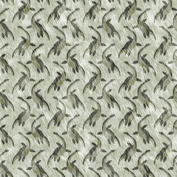 Brown Hand Drawn Plesiosaur Dinosaur Seamless Pattern Gender Neutral Jurassic — Stockfoto