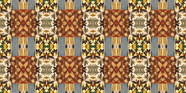 Autumn Leaves Woodland Seamless Border Brown Retro Kaleidoscopic Textile Washi —  Fotos de Stock