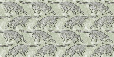 Bebek odası dekorasyonu için şirin bir safari vahşi kaplan sınırı. Kusursuz büyük kedi kürklü yeşil desenli cinsiyet nötr iz tasarımı.