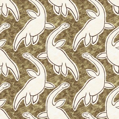 Kahverengi el plesiosaur dinazorunu kusursuz şekilde çizmiş. Bebek yuvası için cinsiyet Nötr Jurasik fosil silueti. Müze, nesli tükenme ve tekstil tasarımı için cinsiyet ayrımı yapılmamış ev dekorasyonu