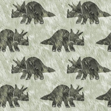 Yeşil el triceratops dinozor deseni çizdi. Bebek yuvası için cinsiyet Nötr Jurasik fosil silueti. Müze, nesli tükenme ve tekstil tasarımı için cinsiyet ayrımı yapılmamış ev dekorasyonu