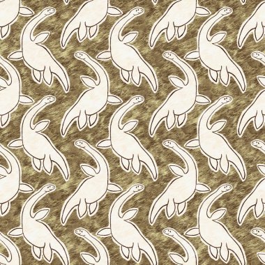 Kahverengi el plesiosaur dinazorunu kusursuz şekilde çizmiş. Bebek yuvası için cinsiyet Nötr Jurasik fosil silueti. Müze, nesli tükenme ve tekstil tasarımı için cinsiyet ayrımı yapılmamış ev dekorasyonu