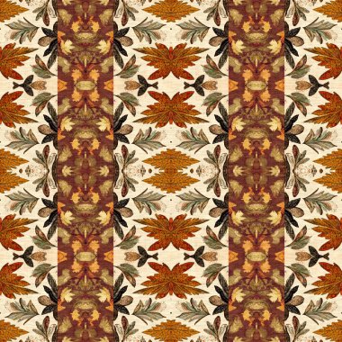 Autumn leaves woodland seamless pattern. Brown retro kaleidoscopic textile print. Backdrop of vintage ornate forest wallpaper. Garden botanical print