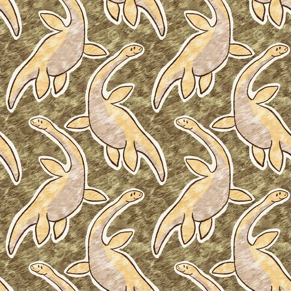 Brown Hand Drawn Plesiosaur Dinosaur Seamless Pattern Gender Neutral Jurassic — стоковое фото