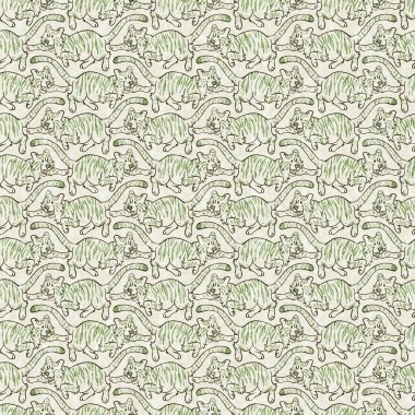 Bebek odası dekorasyonu için şirin bir safari vahşi kaplan deseni. Kusursuz büyük kedi kürklü yeşil desenli cinsiyet nötr iz tasarımı