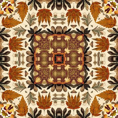 Autumn leaves woodland seamless pattern. Brown retro kaleidoscopic textile print. Backdrop of vintage ornate forest wallpaper. Garden botanical print