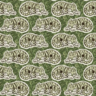 Bebek odası dekorasyonu için şirin bir safari vahşi kaplan deseni. Kusursuz büyük kedi kürklü yeşil desenli cinsiyet nötr iz tasarımı