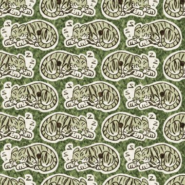 Bebek odası dekorasyonu için şirin bir safari vahşi kaplan deseni. Kusursuz büyük kedi kürklü yeşil desenli cinsiyet nötr iz tasarımı