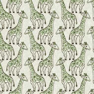 Bebek odası dekorasyonu için şirin bir safari vahşi zürafa deseni. Kusursuz Afrikalı kürklü yeşil, cinsiyet dokusuna sahip nötr baskı tasarımı.