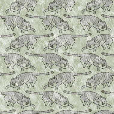 Bebek odası dekorasyonu için şirin bir safari vahşi kaplan deseni. Kusursuz büyük kedi kürklü yeşil desenli cinsiyet nötr iz tasarımı