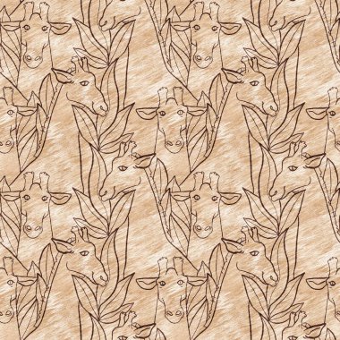 Bebek odası dekorasyonu için şirin bir safari vahşi zürafa deseni. Kusursuz Afrikalı kürklü kahverengi cinsiyet dokusuna sahip nötr iz tasarımı