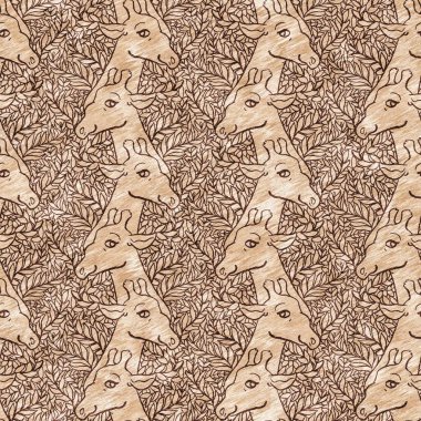 Bebek odası dekorasyonu için şirin bir safari vahşi zürafa deseni. Kusursuz Afrikalı kürklü kahverengi cinsiyet dokusuna sahip nötr iz tasarımı