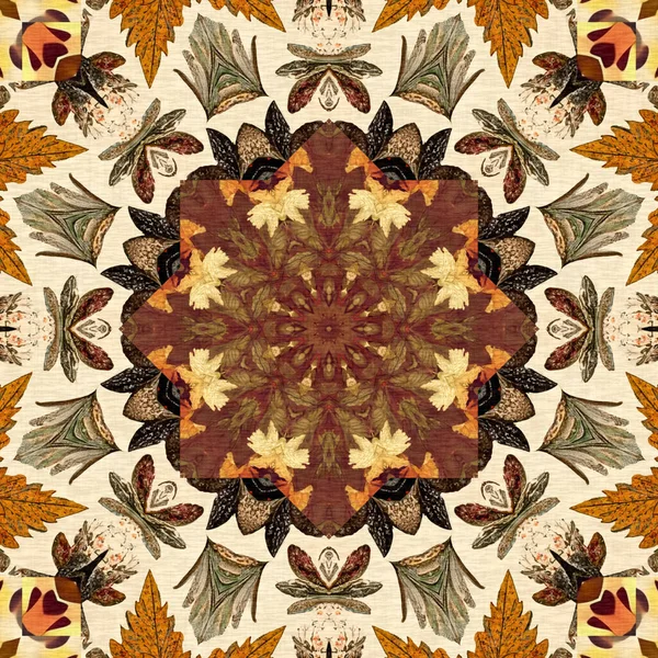 Autumn Leaves Woodland Seamless Pattern Brown Retro Kaleidoscopic Textile Print — Foto de Stock