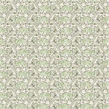 Bebek odası dekorasyonu için şirin bir safari vahşi kaplan deseni. Kusursuz büyük kedi kürklü yeşil desenli cinsiyet nötr iz tasarımı